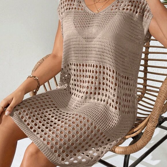 Khaki Boho Women's Hollow Out Batwing Sleeve Cover Up Dress - Picture 3 of 5